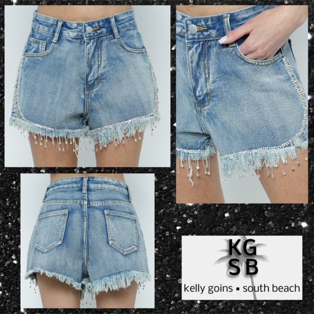 📌 KGSB DESIGNS Sexy Frayed Hem Denin Shorts W/Rhinestone Trim, Beading & Fringe
